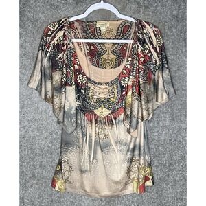 One World Rhinestone Top Womens Sz Small Paisley Fade Scoop Neck Festival BOHO